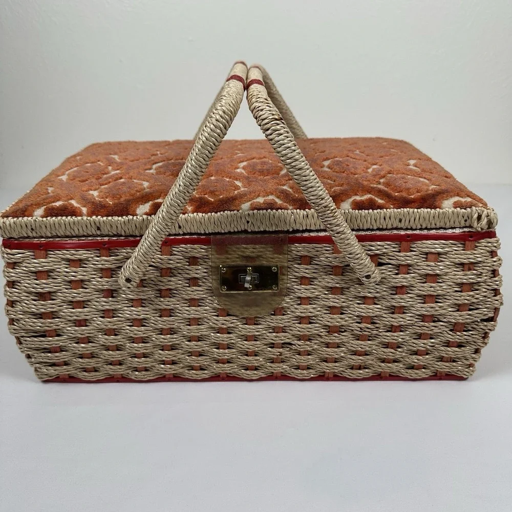 Vtg Japan Woven Wicker Sewing Basket Box Chenille Floral Lid Brass Latch